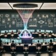 Futuristisches Audio-Studio mit diversen Ingenieuren, KI-Audioassistent als leuchtende Schallwelle, holografische Interfaces und Marken- sowie Technik-Icons an den Wänden.