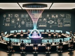 Futuristisches Audio-Studio mit diversen Ingenieuren, KI-Audioassistent als leuchtende Schallwelle, holografische Interfaces und Marken- sowie Technik-Icons an den Wänden.