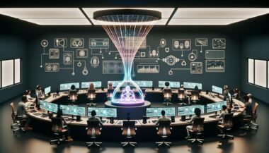 Futuristisches Audio-Studio mit diversen Ingenieuren, KI-Audioassistent als leuchtende Schallwelle, holografische Interfaces und Marken- sowie Technik-Icons an den Wänden.