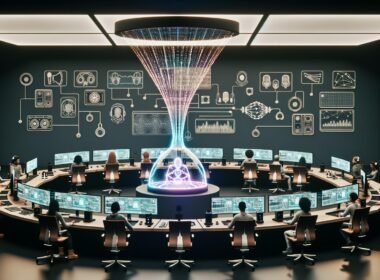Futuristisches Audio-Studio mit diversen Ingenieuren, KI-Audioassistent als leuchtende Schallwelle, holografische Interfaces und Marken- sowie Technik-Icons an den Wänden.