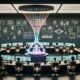 Futuristisches Audio-Studio mit diversen Ingenieuren, KI-Audioassistent als leuchtende Schallwelle, holografische Interfaces und Marken- sowie Technik-Icons an den Wänden.