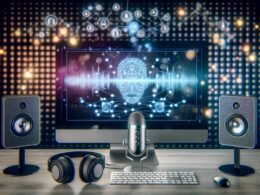Modernes Tonstudio mit Computer, neuronalen Netzwerken, digitalen Stimmprofilen, Mikrofon und Kopfhörern, symbolisiert KI-gestützte Sprachmanipulation und Innovation im Marketing.