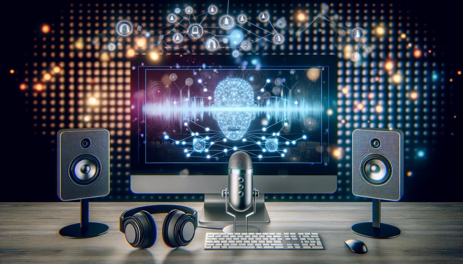 Modernes Tonstudio mit Computer, neuronalen Netzwerken, digitalen Stimmprofilen, Mikrofon und Kopfhörern, symbolisiert KI-gestützte Sprachmanipulation und Innovation im Marketing.