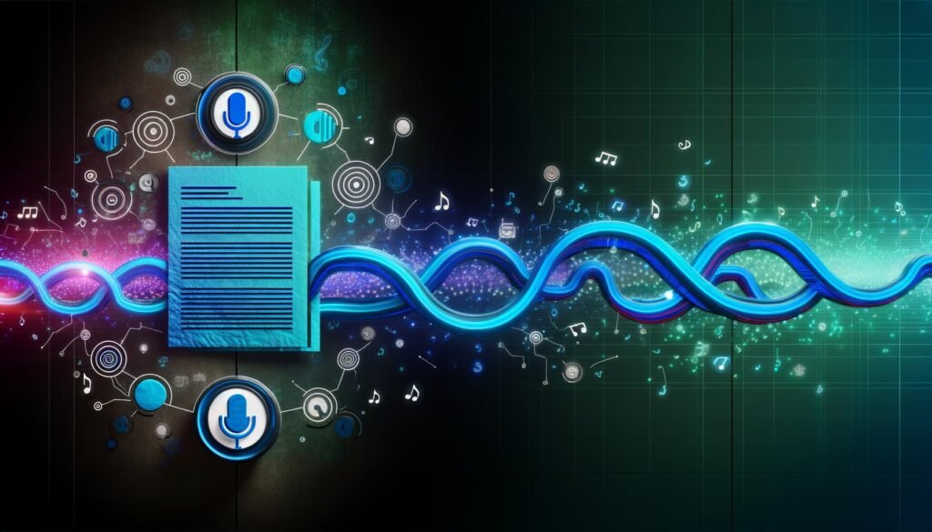 Stilisiertes Titelbild mit digitalem Workflow zwischen Textdokument und Lautsprecher, umgeben von Mikrofon-, Chatbot- und Audiowellensilhouetten in leuchtenden Blautönen auf dunklem Hintergrund.
