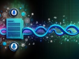 Stilisiertes Titelbild mit digitalem Workflow zwischen Textdokument und Lautsprecher, umgeben von Mikrofon-, Chatbot- und Audiowellensilhouetten in leuchtenden Blautönen auf dunklem Hintergrund.