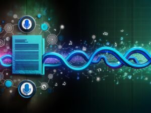Stilisiertes Titelbild mit digitalem Workflow zwischen Textdokument und Lautsprecher, umgeben von Mikrofon-, Chatbot- und Audiowellensilhouetten in leuchtenden Blautönen auf dunklem Hintergrund.