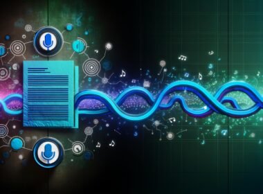 Stilisiertes Titelbild mit digitalem Workflow zwischen Textdokument und Lautsprecher, umgeben von Mikrofon-, Chatbot- und Audiowellensilhouetten in leuchtenden Blautönen auf dunklem Hintergrund.