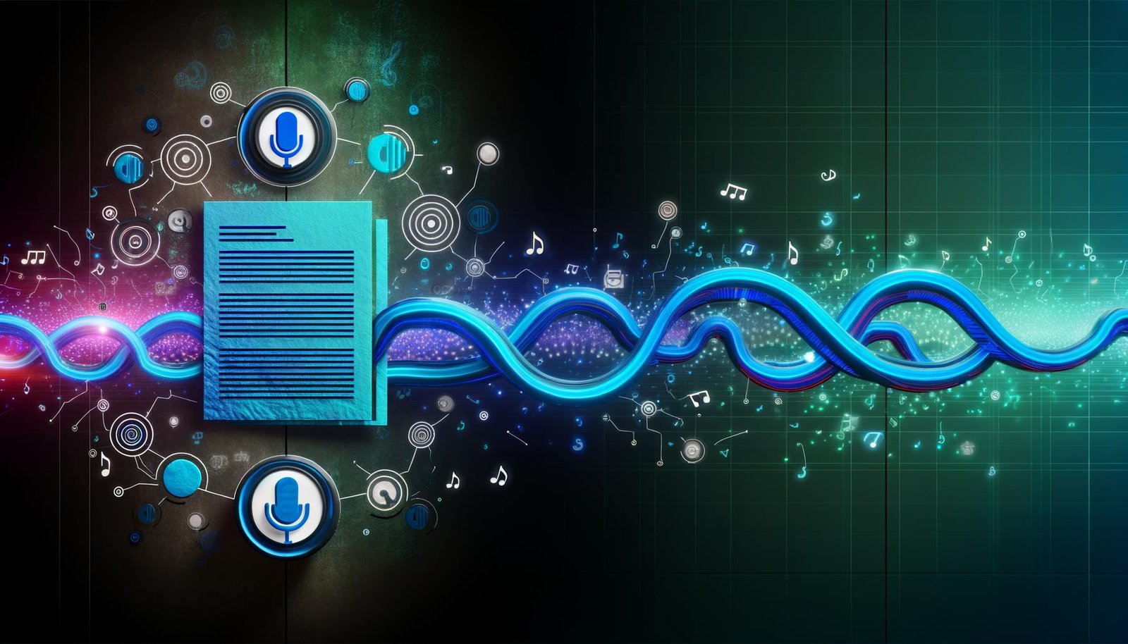 Stilisiertes Titelbild mit digitalem Workflow zwischen Textdokument und Lautsprecher, umgeben von Mikrofon-, Chatbot- und Audiowellensilhouetten in leuchtenden Blautönen auf dunklem Hintergrund.