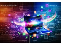 Modernes Titelbild mit stylisiertem Laptop, leuchtenden Datenströmen, Script Generator Icons und digitalen Marketing-Elementen im Magazin-Stil.