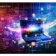 Modernes Titelbild mit stylisiertem Laptop, leuchtenden Datenströmen, Script Generator Icons und digitalen Marketing-Elementen im Magazin-Stil.