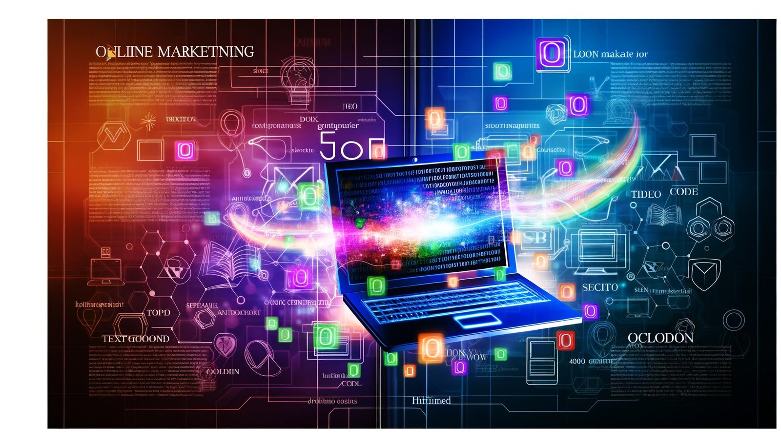 Modernes Titelbild mit stylisiertem Laptop, leuchtenden Datenströmen, Script Generator Icons und digitalen Marketing-Elementen im Magazin-Stil.