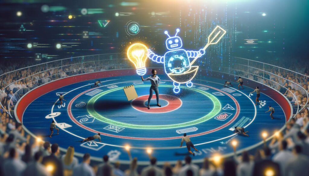 Ein kreativ gekleideter Mensch mit Notizblock und Glühbirne steht in einer futuristischen Arena einem riesigen, mit Datenströmen verzierten Roboter gegenüber. Beide halten ein Ruder im Wasser, während Marketing-Fachleute im Hintergrund zuschauen.