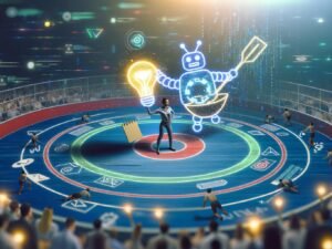 Ein kreativ gekleideter Mensch mit Notizblock und Glühbirne steht in einer futuristischen Arena einem riesigen, mit Datenströmen verzierten Roboter gegenüber. Beide halten ein Ruder im Wasser, während Marketing-Fachleute im Hintergrund zuschauen.