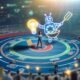 Ein kreativ gekleideter Mensch mit Notizblock und Glühbirne steht in einer futuristischen Arena einem riesigen, mit Datenströmen verzierten Roboter gegenüber. Beide halten ein Ruder im Wasser, während Marketing-Fachleute im Hintergrund zuschauen.