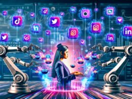 Digitaler Collage eines Marketers, umgeben von Social Media Icons und futuristischer Technologie für automatisiertes Marketing mit KI und API-Symbolen.