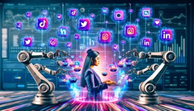 Digitaler Collage eines Marketers, umgeben von Social Media Icons und futuristischer Technologie für automatisiertes Marketing mit KI und API-Symbolen.