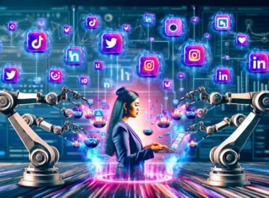 Digitaler Collage eines Marketers, umgeben von Social Media Icons und futuristischer Technologie für automatisiertes Marketing mit KI und API-Symbolen.