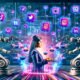 Digitaler Collage eines Marketers, umgeben von Social Media Icons und futuristischer Technologie für automatisiertes Marketing mit KI und API-Symbolen.