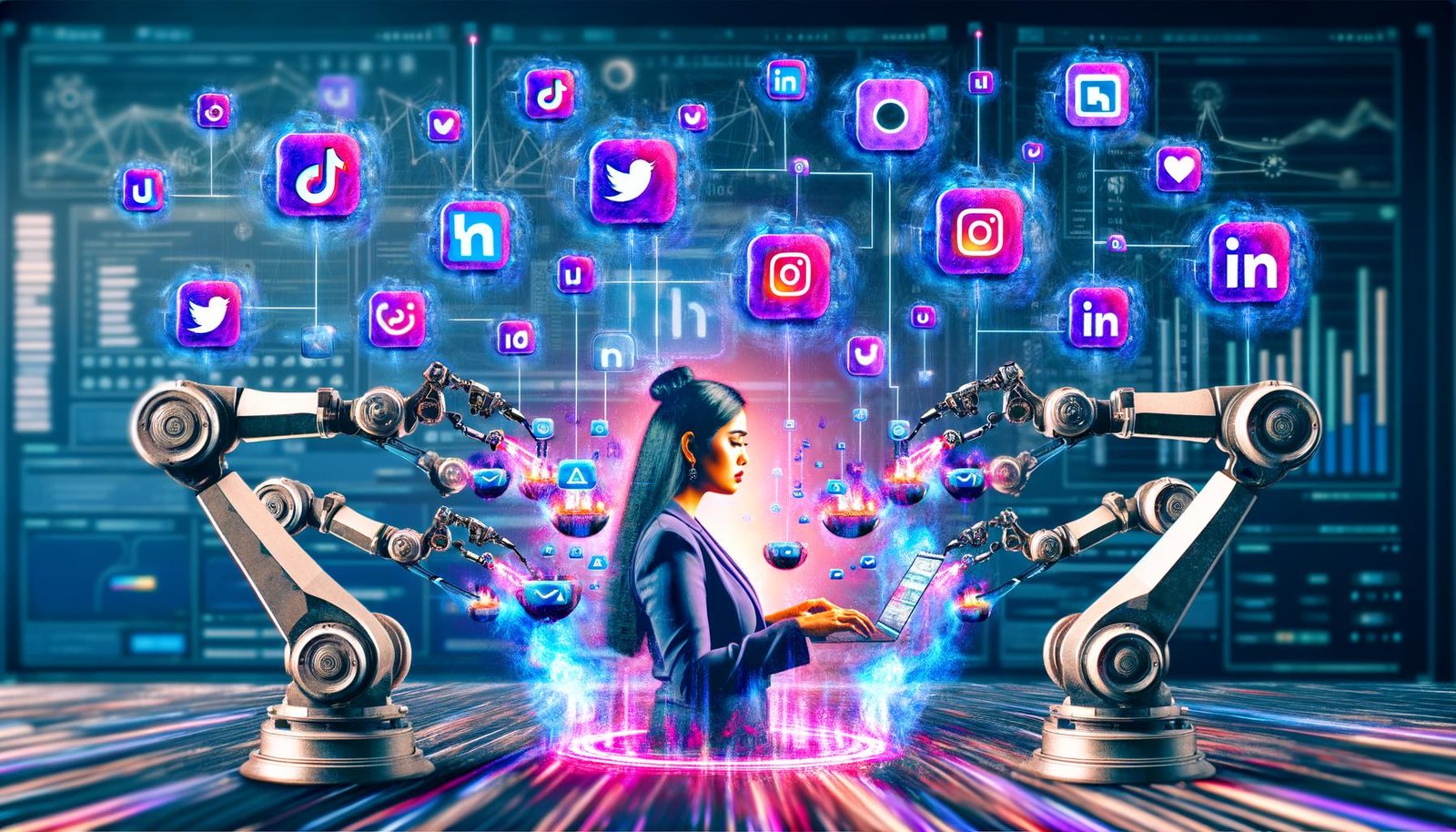 Digitaler Collage eines Marketers, umgeben von Social Media Icons und futuristischer Technologie für automatisiertes Marketing mit KI und API-Symbolen.
