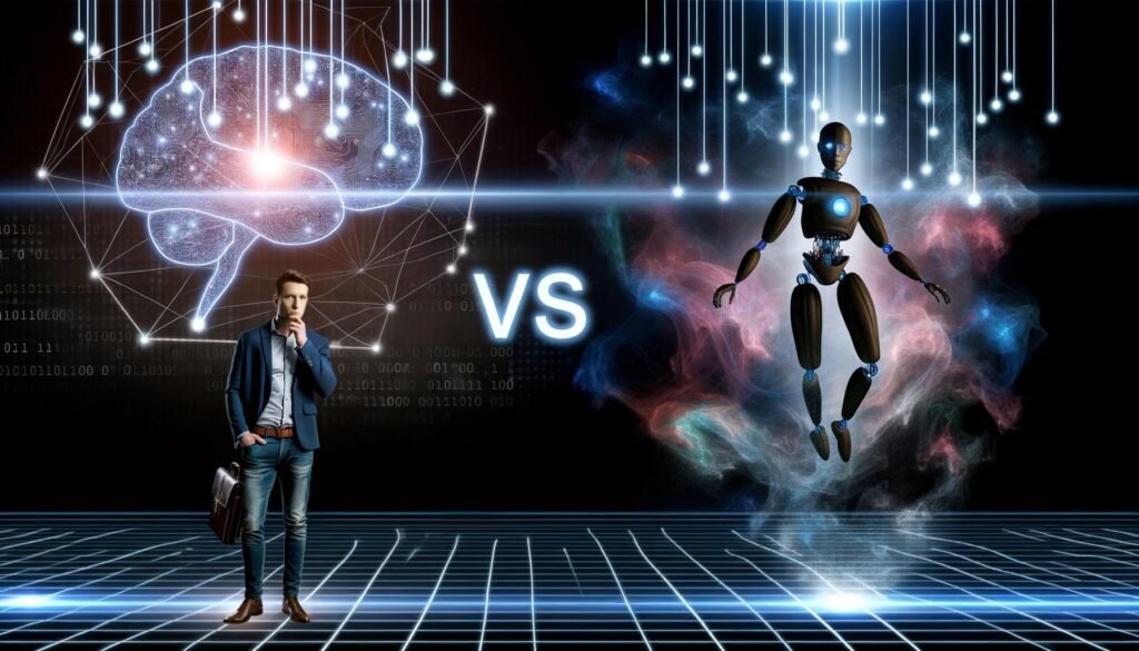 Dramatische Szene in futuristischer Arena: Mensch in Business Casual mit leuchtenden Synapsen, gegenüber eine halb-menschliche, halb-robotische Maschine mit pulsierenden Datenströmen, Brain-vs-Algorithmus-Schriftzug dazwischen, digitaler Hintergrund mit SEO-Elementen.