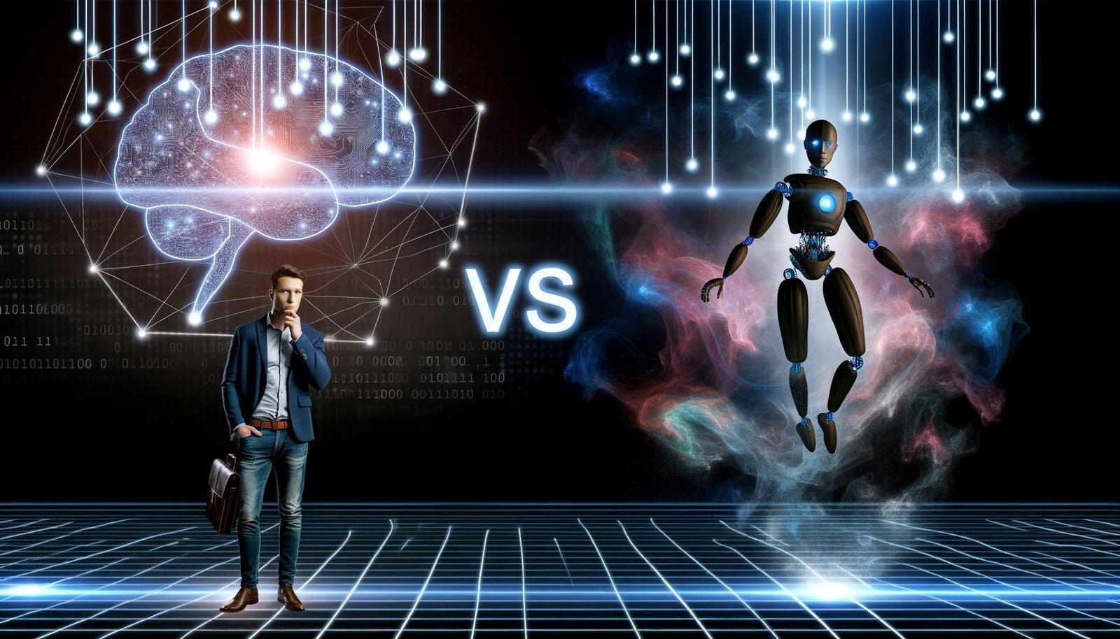 Dramatische Szene in futuristischer Arena: Mensch in Business Casual mit leuchtenden Synapsen, gegenüber eine halb-menschliche, halb-robotische Maschine mit pulsierenden Datenströmen, Brain-vs-Algorithmus-Schriftzug dazwischen, digitaler Hintergrund mit SEO-Elementen.