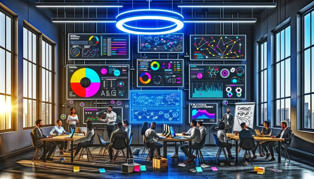 Modernes Office mit Team aus Data Engineers, Marketing-Managern und Developern vor User Analytics Dashboards, Whiteboard-Skizzen und Neonlichtern.