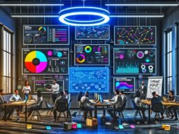 Modernes Office mit Team aus Data Engineers, Marketing-Managern und Developern vor User Analytics Dashboards, Whiteboard-Skizzen und Neonlichtern.
