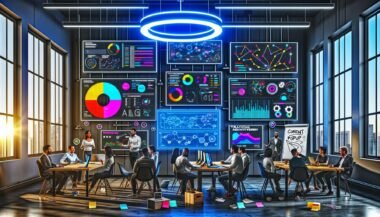 Modernes Office mit Team aus Data Engineers, Marketing-Managern und Developern vor User Analytics Dashboards, Whiteboard-Skizzen und Neonlichtern.