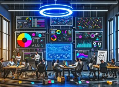 Modernes Office mit Team aus Data Engineers, Marketing-Managern und Developern vor User Analytics Dashboards, Whiteboard-Skizzen und Neonlichtern.