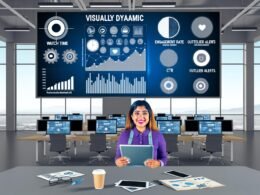 Junge Marketing-Managerin mit Notizblock und Tablet vor einem großen, modernen Dashboard mit Social-Media-KPIs, Trendgrafen und Icons von TikTok, Instagram, YouTube und LinkedIn in einem techigen Büro.