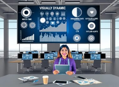 Junge Marketing-Managerin mit Notizblock und Tablet vor einem großen, modernen Dashboard mit Social-Media-KPIs, Trendgrafen und Icons von TikTok, Instagram, YouTube und LinkedIn in einem techigen Büro.