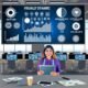 Junge Marketing-Managerin mit Notizblock und Tablet vor einem großen, modernen Dashboard mit Social-Media-KPIs, Trendgrafen und Icons von TikTok, Instagram, YouTube und LinkedIn in einem techigen Büro.
