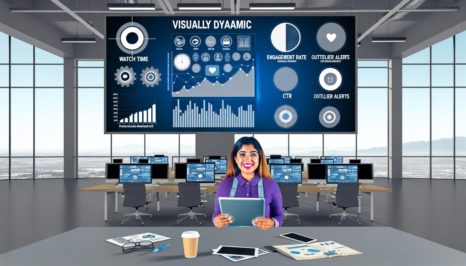 Junge Marketing-Managerin mit Notizblock und Tablet vor einem großen, modernen Dashboard mit Social-Media-KPIs, Trendgrafen und Icons von TikTok, Instagram, YouTube und LinkedIn in einem techigen Büro.