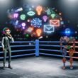 Ein stilisierter Mensch und eine menschenähnliche Maschine mit digitalen Augen stehen sich in einem futuristischen Boxring gegenüber, umgeben von Symbolen aus Online-Marketing und klassischer Kreativität.