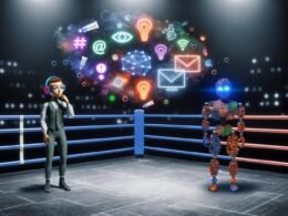 Ein stilisierter Mensch und eine menschenähnliche Maschine mit digitalen Augen stehen sich in einem futuristischen Boxring gegenüber, umgeben von Symbolen aus Online-Marketing und klassischer Kreativität.