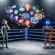Ein stilisierter Mensch und eine menschenähnliche Maschine mit digitalen Augen stehen sich in einem futuristischen Boxring gegenüber, umgeben von Symbolen aus Online-Marketing und klassischer Kreativität.
