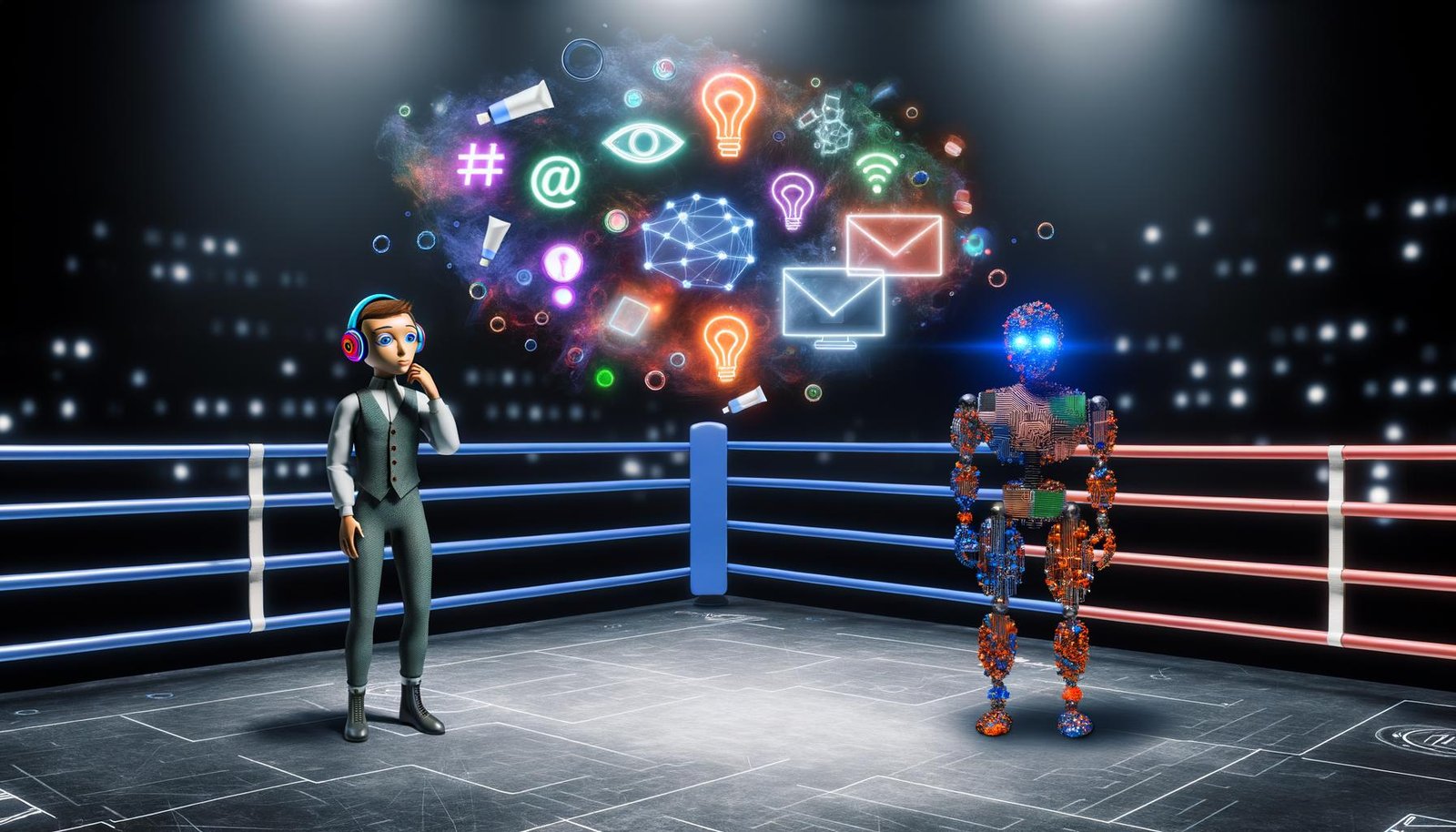 Ein stilisierter Mensch und eine menschenähnliche Maschine mit digitalen Augen stehen sich in einem futuristischen Boxring gegenüber, umgeben von Symbolen aus Online-Marketing und klassischer Kreativität.