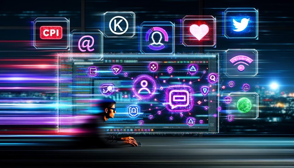 Person arbeitet fokussiert an einem Monitor mit Shortform-Content-Snippets, bunten KPI-Charts und holografischen Social-Media-Logos in einem futuristischen Workspace.