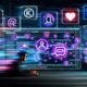 Person arbeitet fokussiert an einem Monitor mit Shortform-Content-Snippets, bunten KPI-Charts und holografischen Social-Media-Logos in einem futuristischen Workspace.