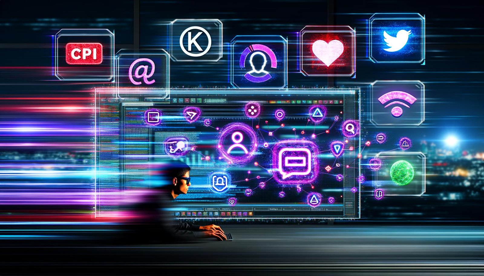 Person arbeitet fokussiert an einem Monitor mit Shortform-Content-Snippets, bunten KPI-Charts und holografischen Social-Media-Logos in einem futuristischen Workspace.