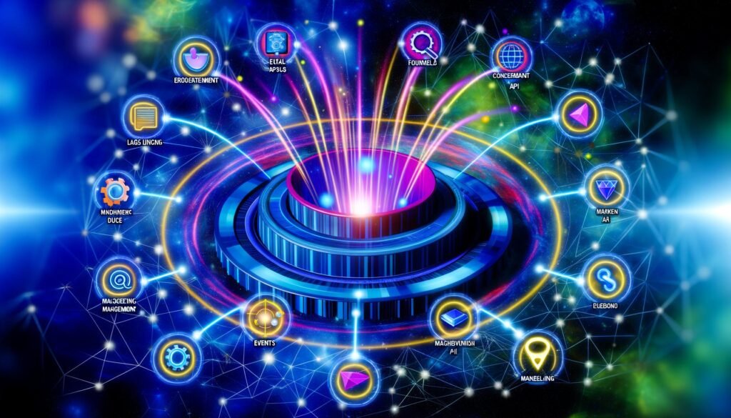 Abstrakte Visualisierung einer User Analytics Plattform mit zentralem Datenhub, dynamischen Lichtlinien zu Marketing-Tools, thematischen Icons für Events, Funnels, Consent Management, API-Anbindung und Machine Learning im digitalen Netzwerk-Kosmos.
