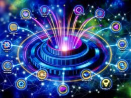 Abstrakte Visualisierung einer User Analytics Plattform mit zentralem Datenhub, dynamischen Lichtlinien zu Marketing-Tools, thematischen Icons für Events, Funnels, Consent Management, API-Anbindung und Machine Learning im digitalen Netzwerk-Kosmos.