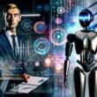 Mensch in Businesskleidung und humanoide Maschine analysieren gemeinsam komplexe Daten im modernen Büro, mit überlappenden analogen und digitalen Elementen.