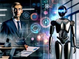 Mensch in Businesskleidung und humanoide Maschine analysieren gemeinsam komplexe Daten im modernen Büro, mit überlappenden analogen und digitalen Elementen.