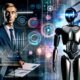 Mensch in Businesskleidung und humanoide Maschine analysieren gemeinsam komplexe Daten im modernen Büro, mit überlappenden analogen und digitalen Elementen.
