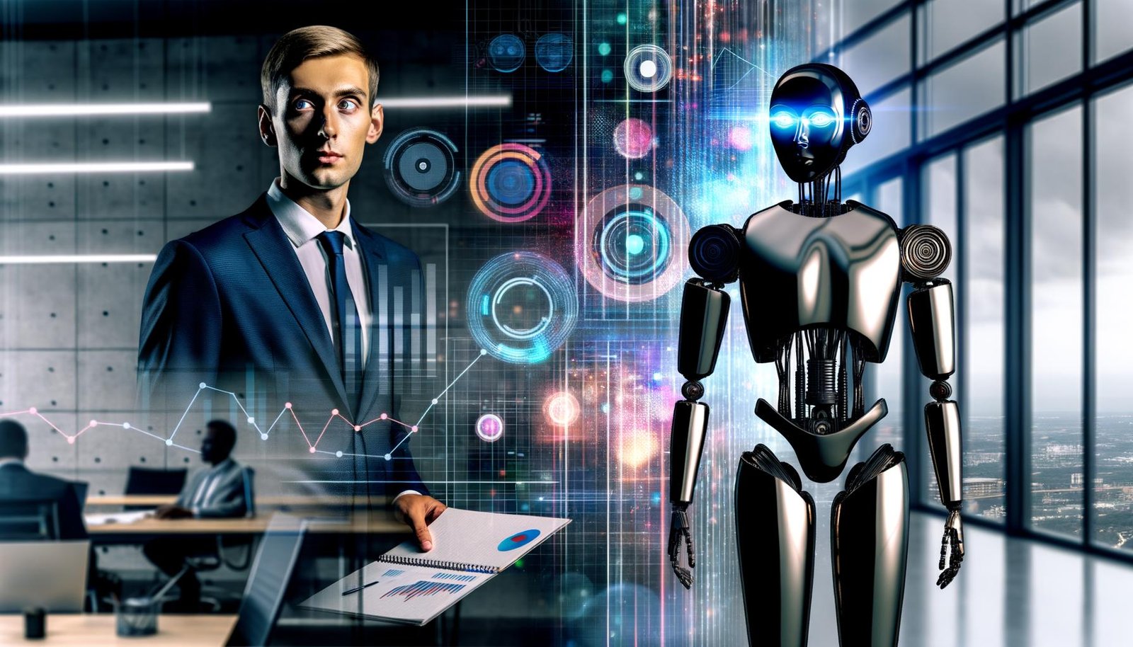 Mensch in Businesskleidung und humanoide Maschine analysieren gemeinsam komplexe Daten im modernen Büro, mit überlappenden analogen und digitalen Elementen.