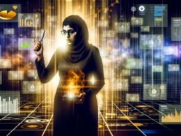 Stilvolle Illustration eines Marketers mit Skalpell und Dashboard, umgeben von leuchtenden Analysediagrammen und KPI-Metriken in einem dunklen Raum; Fokus auf Klarheit und Präzision bei der Datenanalyse.