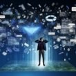 Moderne Illustration: Person im Business-Outfit blickt kritisch auf riesiges, chaotisches Dashboard mit Analytics-Graphen, Zahlencodes und Warnsymbol in dunklen Blautönen.