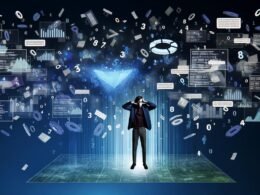 Moderne Illustration: Person im Business-Outfit blickt kritisch auf riesiges, chaotisches Dashboard mit Analytics-Graphen, Zahlencodes und Warnsymbol in dunklen Blautönen.