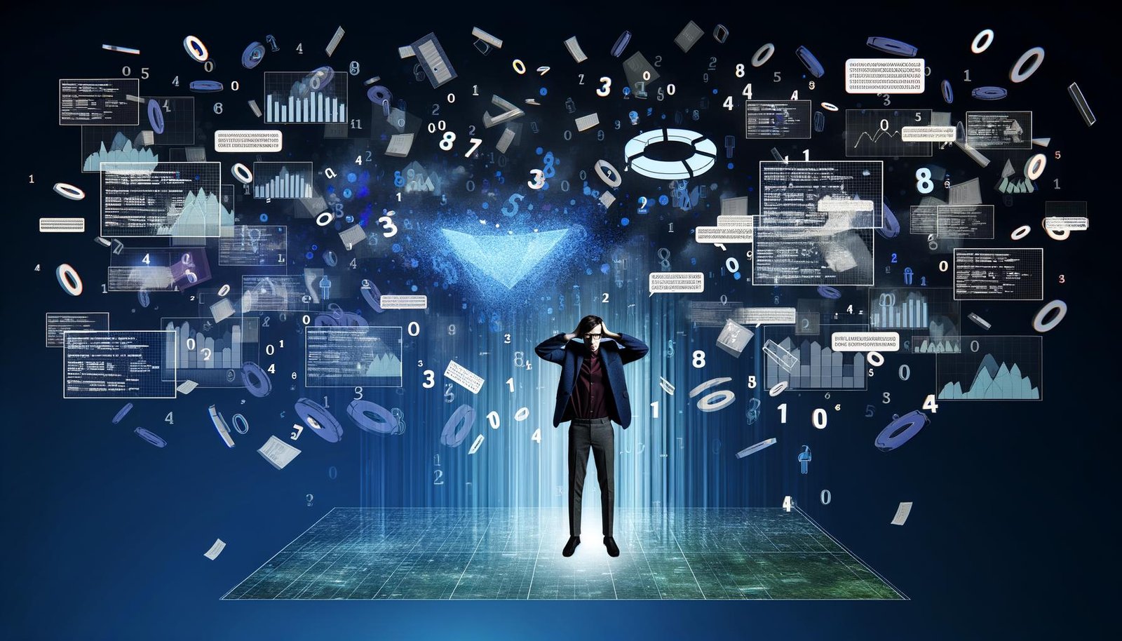 Moderne Illustration: Person im Business-Outfit blickt kritisch auf riesiges, chaotisches Dashboard mit Analytics-Graphen, Zahlencodes und Warnsymbol in dunklen Blautönen.